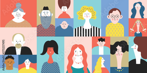 People Avatar Face icons. Set stylized portraites. Group of male and female flat cartoon characters