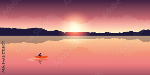 lonely canoeing adventure with orange boat at sunrise on the lake vector illustration EPS10