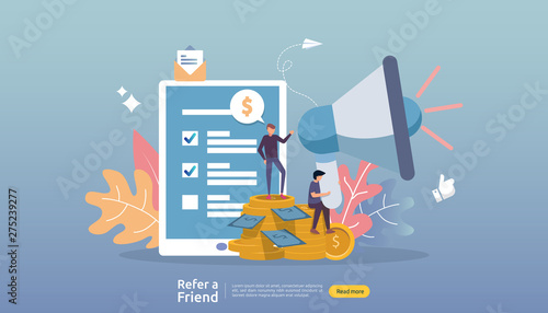 affiliate marketing concept. refer a friend strategy. people character shout megaphone sharing referral business partnership and earn money. template for web landing page, banner, poster, print media