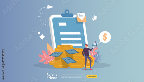 affiliate marketing concept. refer a friend strategy. people character shout megaphone sharing referral business partnership and earn money. template for web landing page, banner, poster, print media