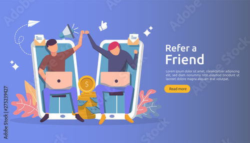 refer a friend affiliate partnership and earn money. marketing concept strategy. people character sharing referral business. template for web landing page, banner, presentation,poster, or print media