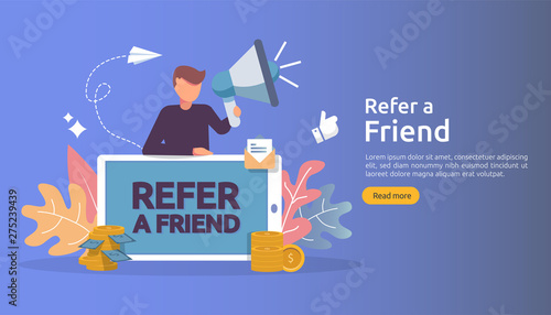 affiliate marketing concept. refer a friend strategy. people character shout megaphone sharing referral business partnership and earn money. template for web landing page, banner, poster, print media