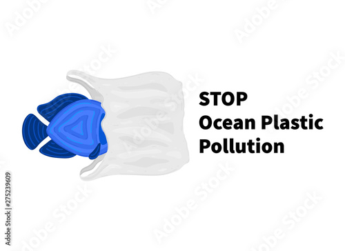 Stop ocean plastic pollution. The fish swims among the garbage. Marine life under threat. Waste in water. Trash underwater. Environmental Protection. Banner, brochure, poster, leaflet. Vector, eps10