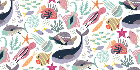 Gardinen Tiermuster Vektornahtloses Muster mit Fischen und Meerestieren.  © Andrei