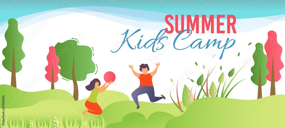 Fototapeta premium Summer Camp Promo Poster with Happy Cartoon Kids