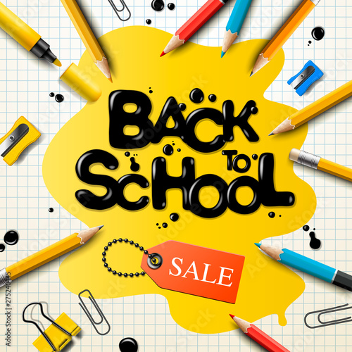 Back to school sale poster and banner with colorful pencils and elements for retail marketing promotion and education related. Vector illustration.