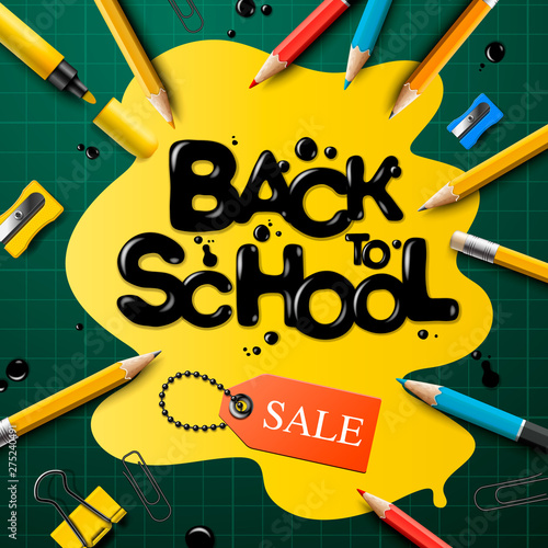 Back to school sale poster and banner with colorful pencils and elements for retail marketing promotion and education related. Vector illustration.