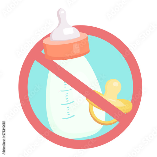 Children bottle with milk and pacifer in prohibition sign. Ban on artificial food. Allergy Alert. Object is separate from the background. Vector element for recipes, menus, stickers and your design.