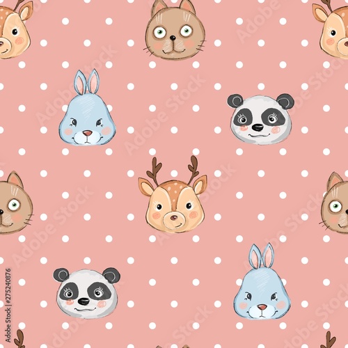 Colorful seamless pattern with muzzles of animals. Background with cute cat  deer  bunny and panda