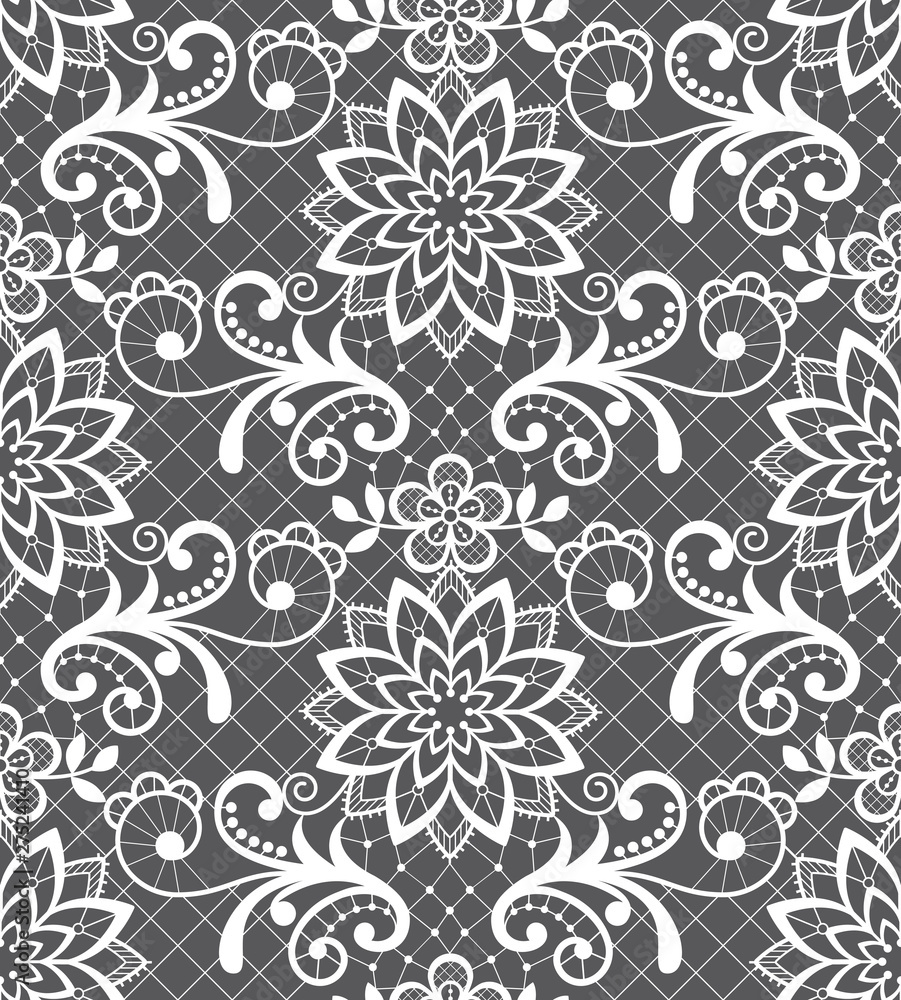 Seamless vector pattern - lace design with flowers and swirls, detailed ornament in white on gray background
