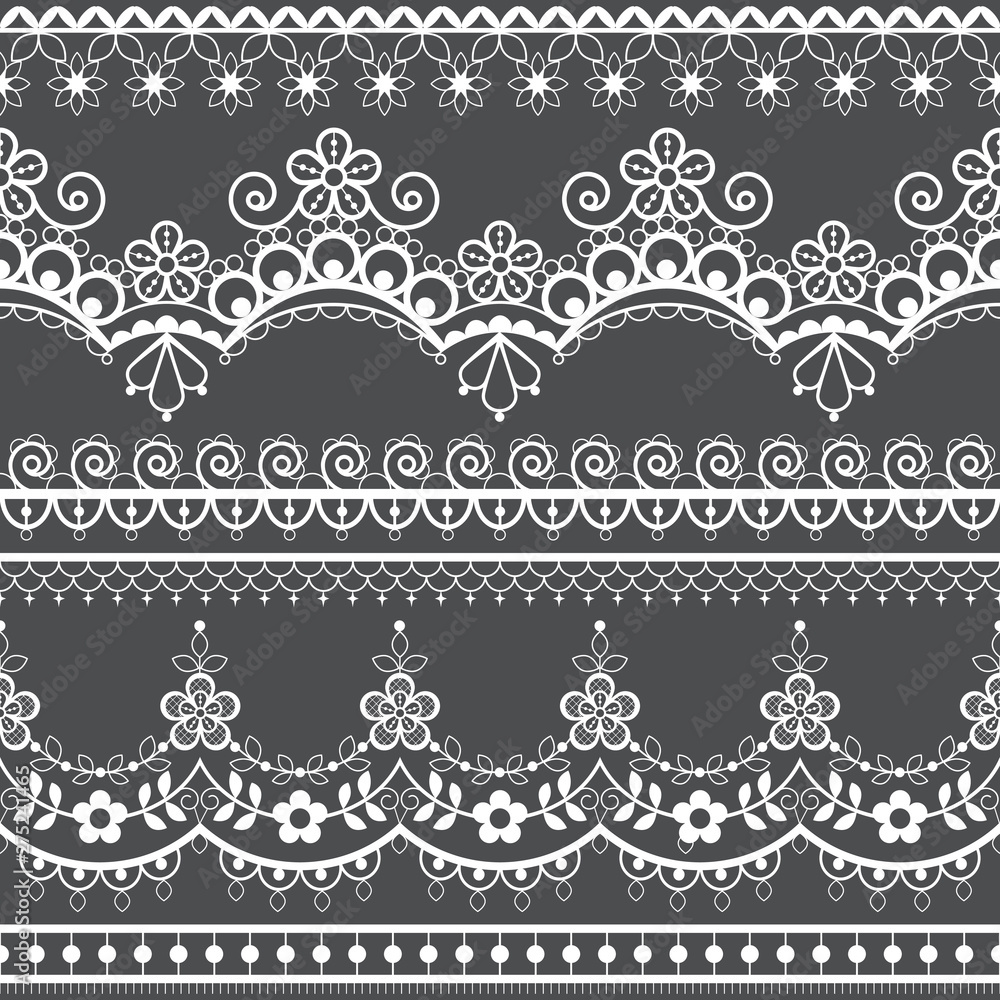 Retro wedding French or English lace seamless pattern set, white ornamental repetitive design with flowers - textile design Retro wedding French or English lace seamless pattern set, white ornamental repetitive design with flowers - textile design