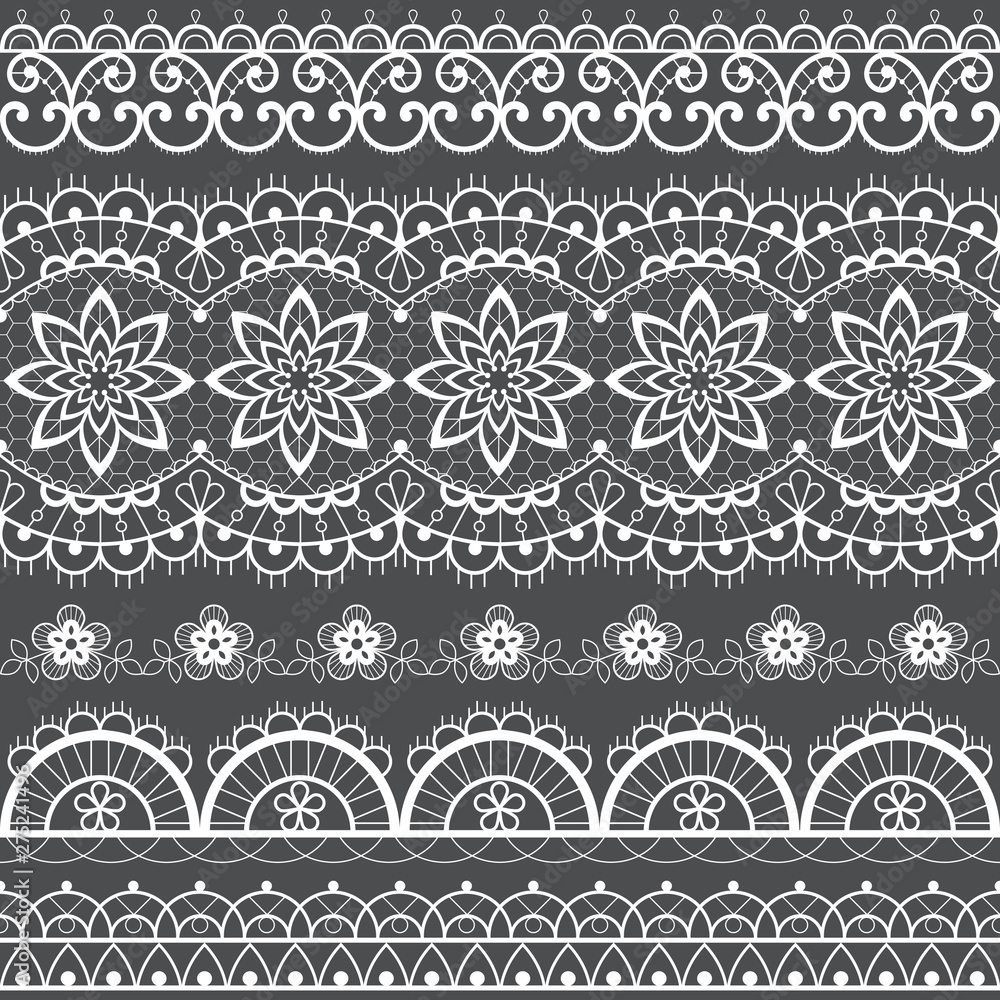Fototapeta French or English lace seamless pattern set, white ornamental repetitive design with flowers - textile design