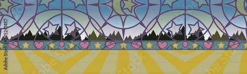 Vector border pattern, kids cartoon style. Ballroom with stained glass window, moon and stars, border wall, tile floor, forest and sky. Rainy day version, for kids games, apps, video channels
