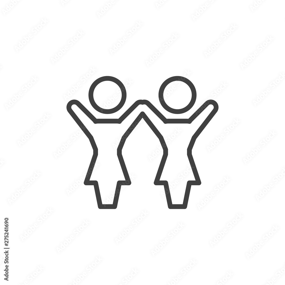 Two people with raised hands line icon. linear style sign for mobile concept and web design. Successful people outline vector icon. Teamwork, partnership symbol, logo illustration. Vector graphics Two people with raised hands line icon. linear style sign for mobile concept and web design. Successful people outline vector icon. Teamwork, partnership symbol, logo illustration. Vector graphics