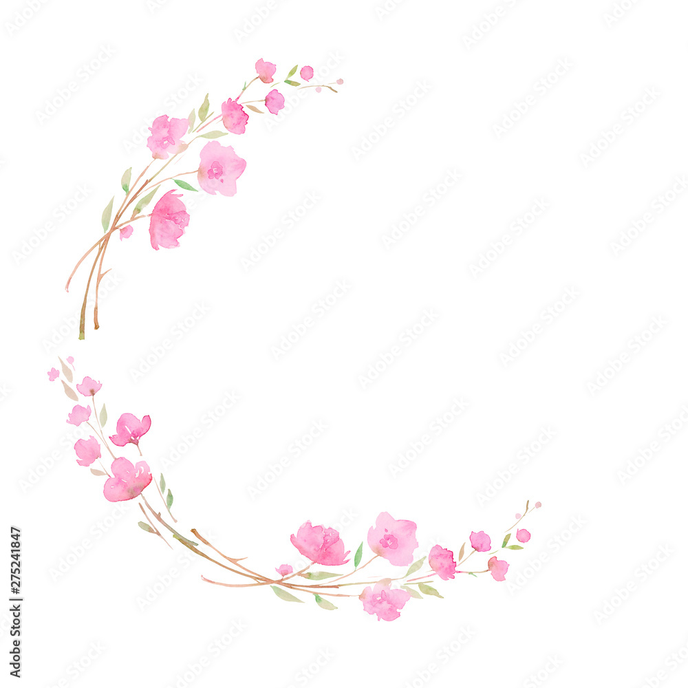 Round wreath, frame with Cherry blossom, sakura, branch with pink flowers, watercolor illustration. Round wreath, frame with Cherry blossom, sakura, branch with pink flowers, watercolor illustration.