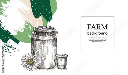 Sample cover for agricultural brochure. Milk can, chamomile flower and iron mug.Template for dairy farm. Background for flyers, banners, posters.