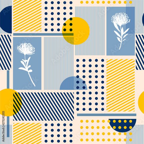Vintage vector Geometry minimal seamless pattern colorful simple shape and silhouette flowers and stripe design for fashin ,fabric,web,wallpaper and all prints