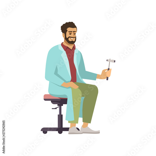 Professional neurologist flat vector illustration. Male doctor with neurological hammer isolated cartoon character on white background. Medical worker in uniform. Visitingtherapist, practitioner