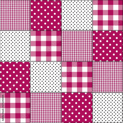 Stylish Patchwork of difference pattern polka dots,gingham check,window check , with black stich seamless pattern in vector ,Design for fashion,fabric,web,wallpaper,wrapping and all prints