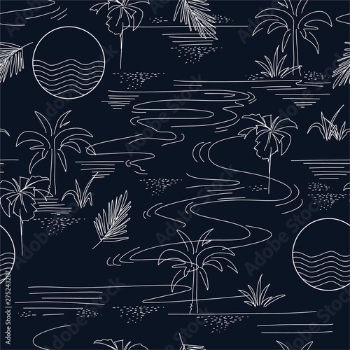 Minimal seamless pattern in vector of island summer mood and tone with line ,Design for fashion fabric web wallpaper and all prints
