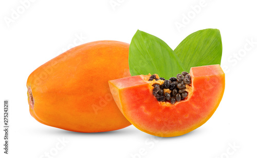 ripe papaya fruit with seeds and leaf isolated on white background. full depth of field