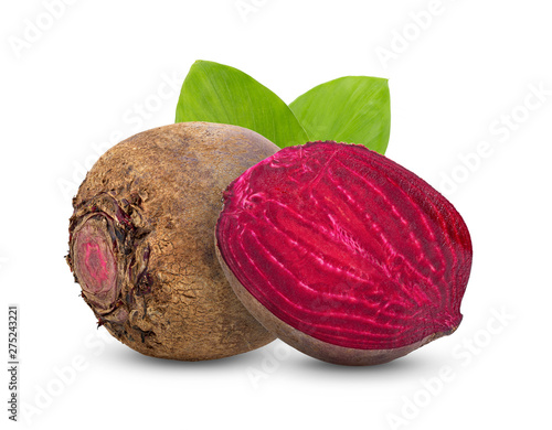  beetroot vegetables and a half with leaf isolated on white background. full depth of field