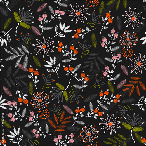 Colorful blooming of Delicate Embroidery seamless pattern florals in vector hand stitching mood design for home decor ,fashion,fabric,web,wallpaper,wrapping,and all prints