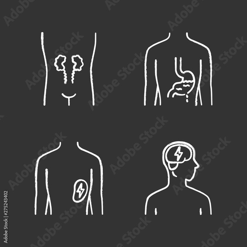 Ill human organs chalk icons set. Sore kidneys and spleen. Aching stomach. Unhealthy brain. Sick internal body parts. Isolated vector chalkboard illustrations