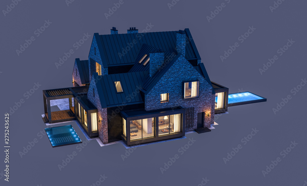 3d rendering of modern cozy clinker house on the ponds with garage and pool for sale or rent in night with cozy light frim window. Isolated on gray 3d rendering of modern cozy clinker house on the ponds with garage and pool for sale or rent in night with cozy light frim window. Isolated on gray