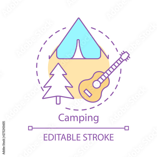 Camping concept icon. Family time together idea thin line illustration. Family trip. Overnight staying in tent. Outdoor accommodation. Vector isolated outline drawing. Editable stroke