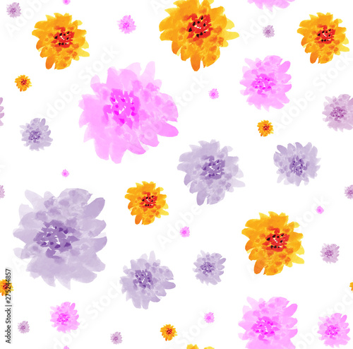 Seamless background with watercolor doodle style flowers