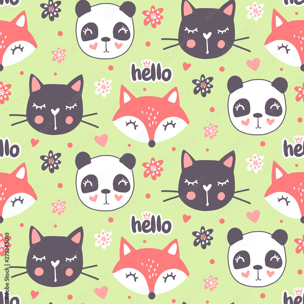Cute seamless pattern with fox, panda, cat. Vector cartoon animals background. Cute seamless pattern with fox, panda, cat. Vector cartoon animals background.
