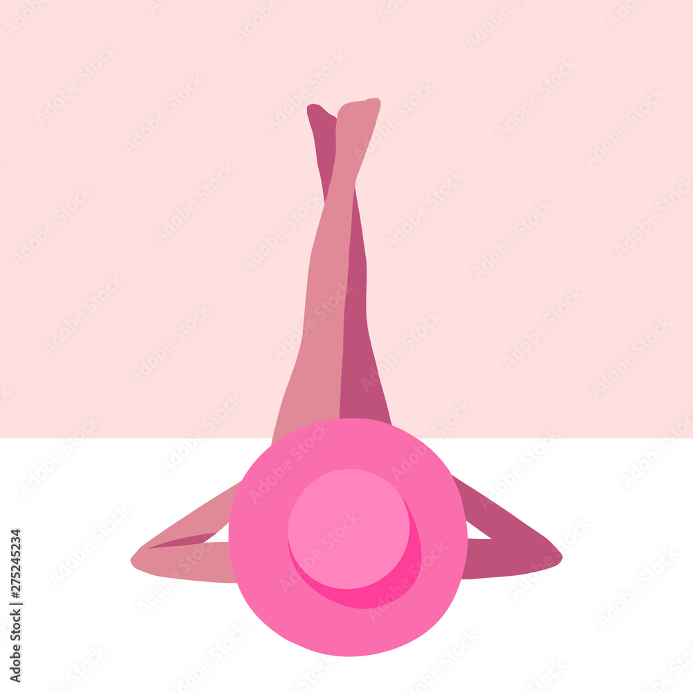 Vetor de Beautiful girl lying on the beach. Flat style. Summer