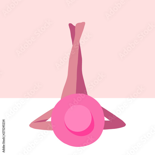 Beautiful girl lying on the beach. Flat style. Summer vacations. Beautiful sexy girl in bikini and hat.