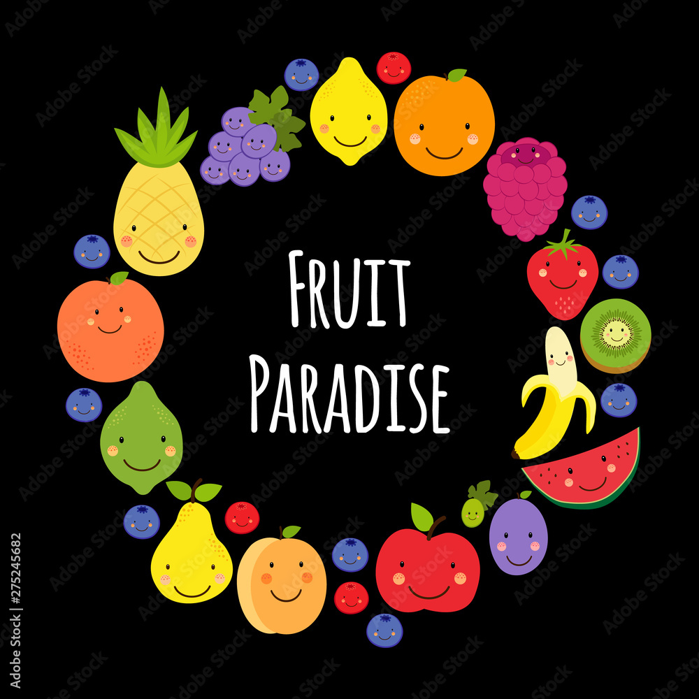 Fototapeta premium Cute Fruit Paradise frame background with various fruit characters