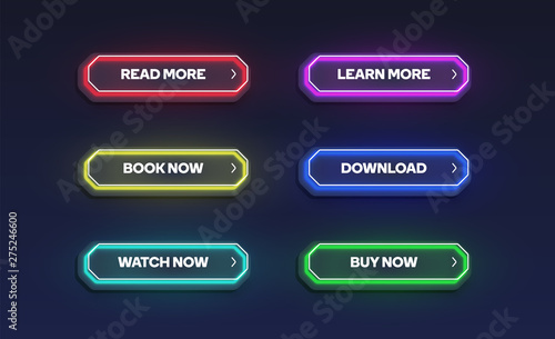 Colorful shining neon button set, vector illustration