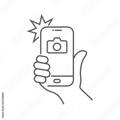 Photo on smartphone with flash, hand is holding smartphone and doing photo. Camera viewfinder, hand and flash. Editable Stroke. EPS 10