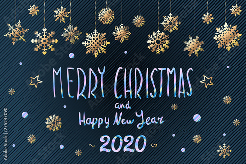 Merry Christmas and Happy New Year 2020 lettering template. Greeting card invitation with golden snowflakes. Winter holidays related typographic quote. Vector vintage illustration.