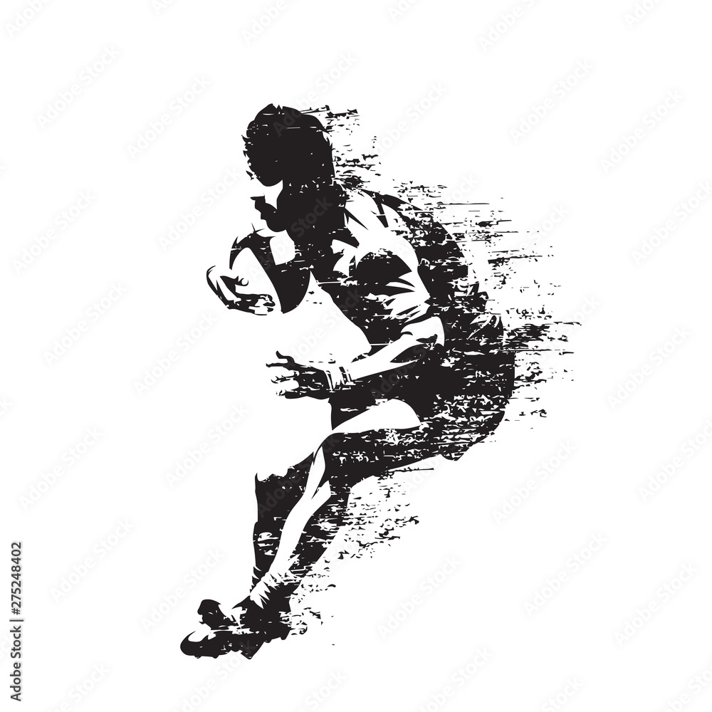 Rugby player running with ball, abstract isolated vector silhouette ...
