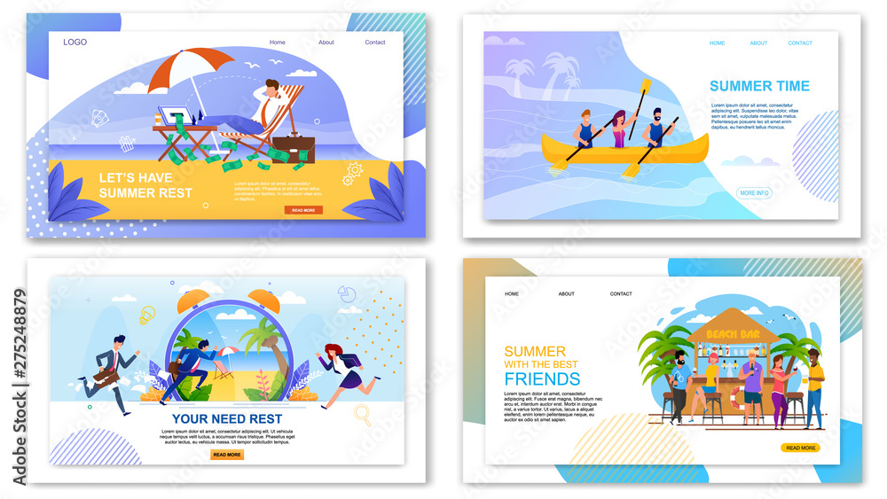 Flat Landing Page Set with Summer Vacation Offers
