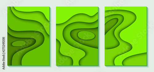 Set of vertical A4 banners with 3D abstract background with blue paper cut waves. Wavy geometric poster. Fashionable composition of colored shapes cut out of paper.