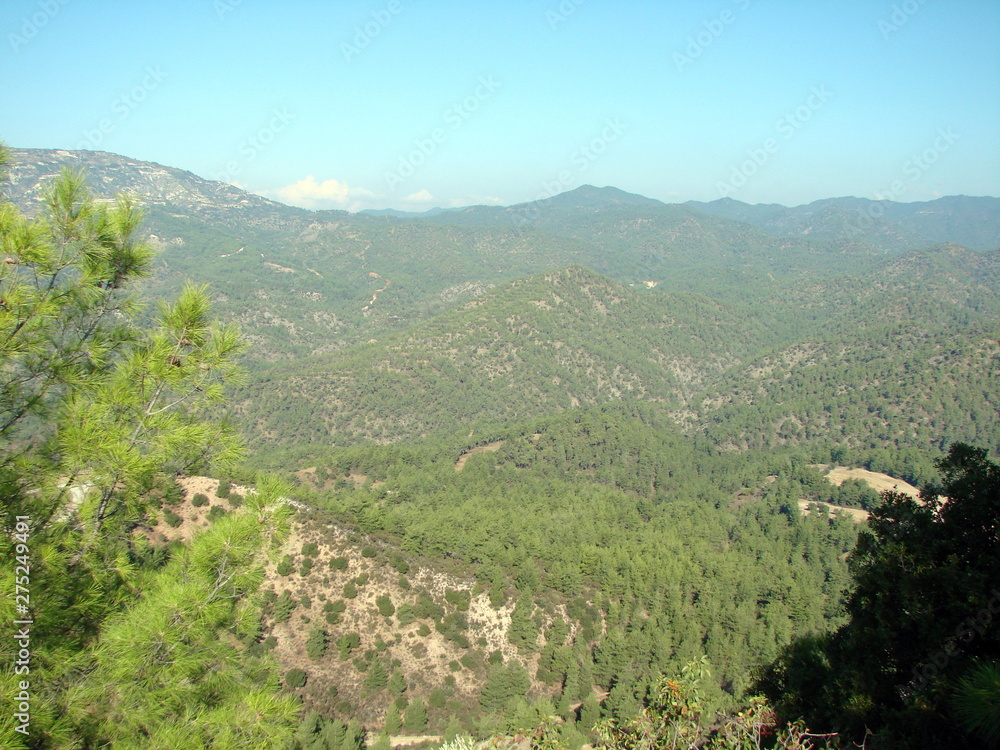 Panorama of mountain ridges covered by green forest on a clear sunny day against a blue sky background.