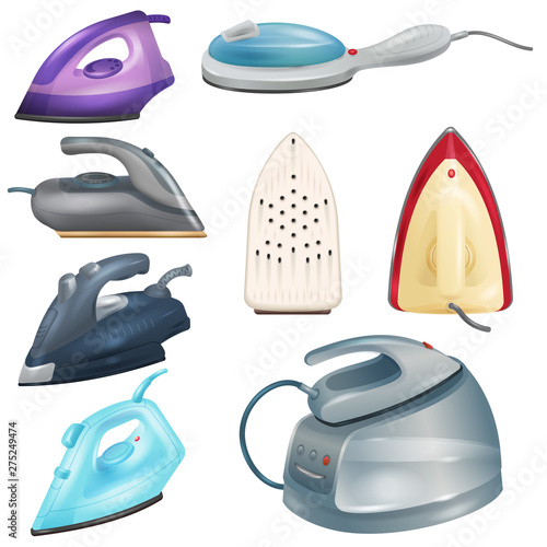 Iron vector ironing electric household appliance of laundry housework 3d realistic illustration irony housekeeping set of hot irony steam equipment isolated on white background