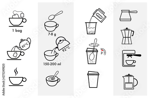 Set of methods of brewing tea and coffee. Preparation instructions. Vector elements for infographics. Set of sign for detailed guideline. Ready for your design. EPS10.
