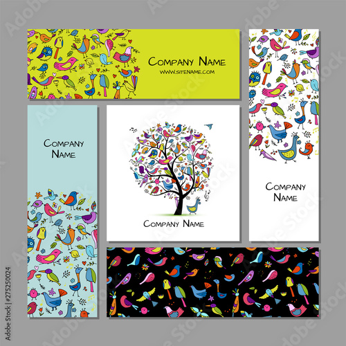 Business cards design, funny birds background