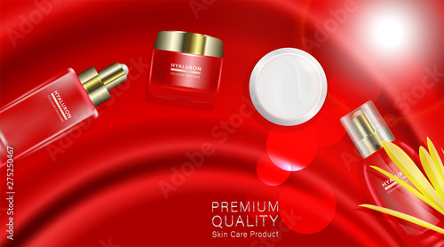 Beauty product, red cosmetic containers with advertising background ready to use, luxury skin care ad, illustration vector.