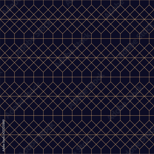 Ornamental seamless blue background. Grid repeatable golden pattern - elegant repetitive design. Rich decorative texture