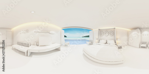 3d rendering bedroom interior with sea view background,minimal white bedroom concept,Spherical Panorama interior