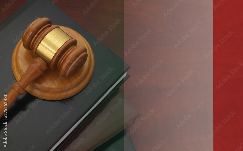 Gavel and legal book on wooden table, collage with flag of Italy