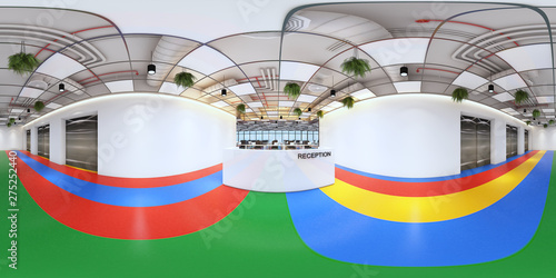 reception in a modern panoramic office,Panorama of reception in office interior,Full 360 spherical panorama view of reception.reception interior with white space (3D Rendering)